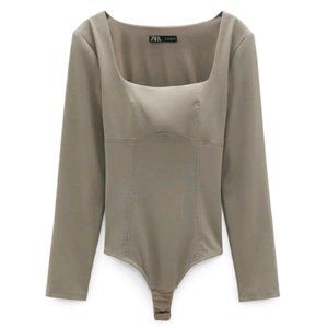 Long Sleeve Square Neck Taupe Bodysuit